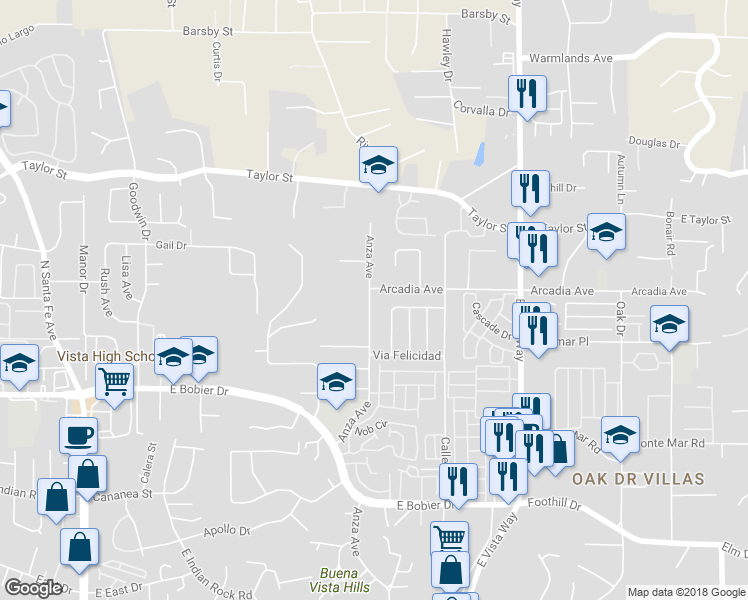 map of restaurants, bars, coffee shops, grocery stores, and more near 1653 Anza Avenue in Vista