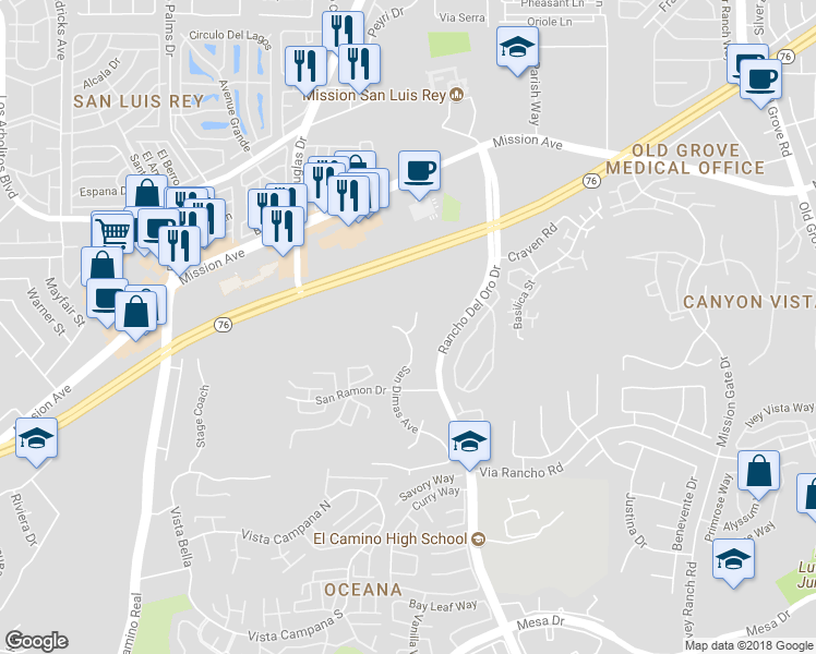 map of restaurants, bars, coffee shops, grocery stores, and more near 3922 San Miguel Court in Oceanside
