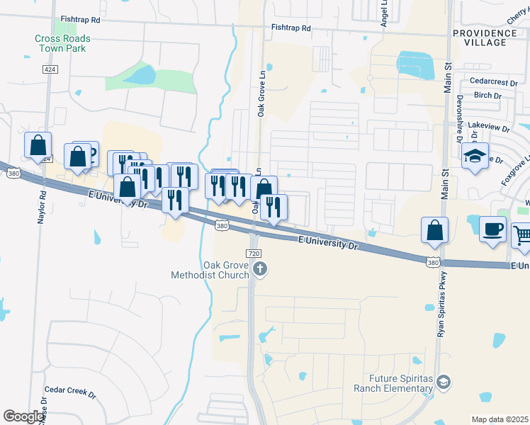 map of restaurants, bars, coffee shops, grocery stores, and more near 26411 U.S. 380 in Aubrey