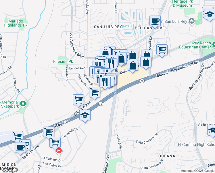 map of restaurants, bars, coffee shops, grocery stores, and more near 3742 Mission Avenue in Oceanside