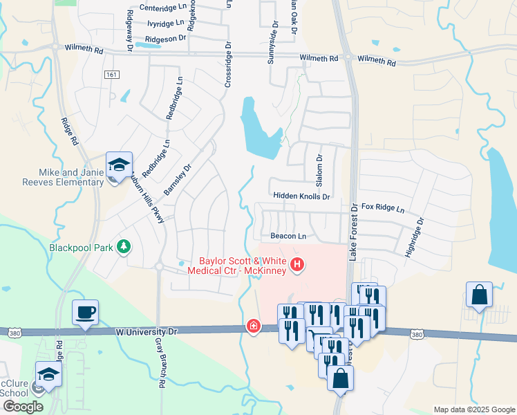 map of restaurants, bars, coffee shops, grocery stores, and more near 2249 Canyon Point in McKinney