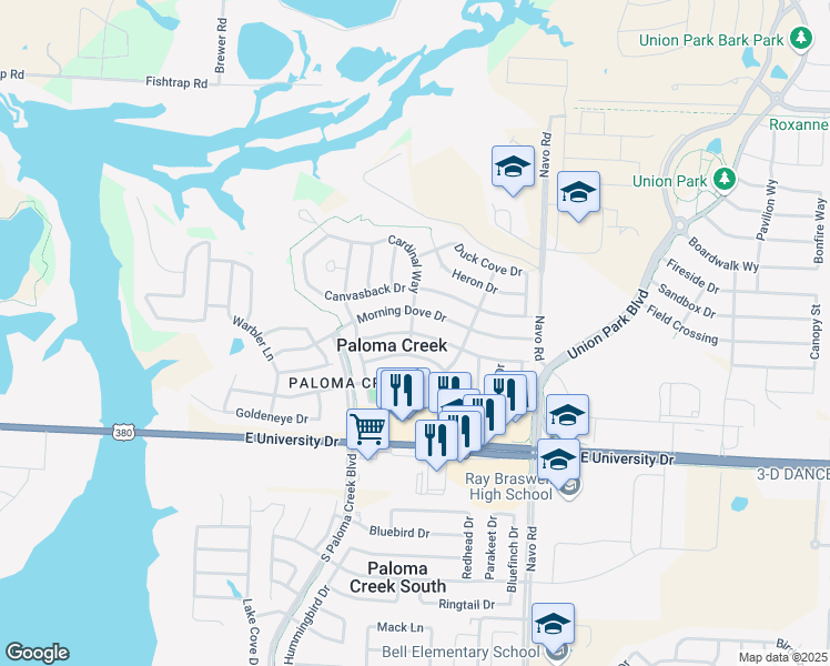 map of restaurants, bars, coffee shops, grocery stores, and more near 1600 Nightingale Drive in Aubrey