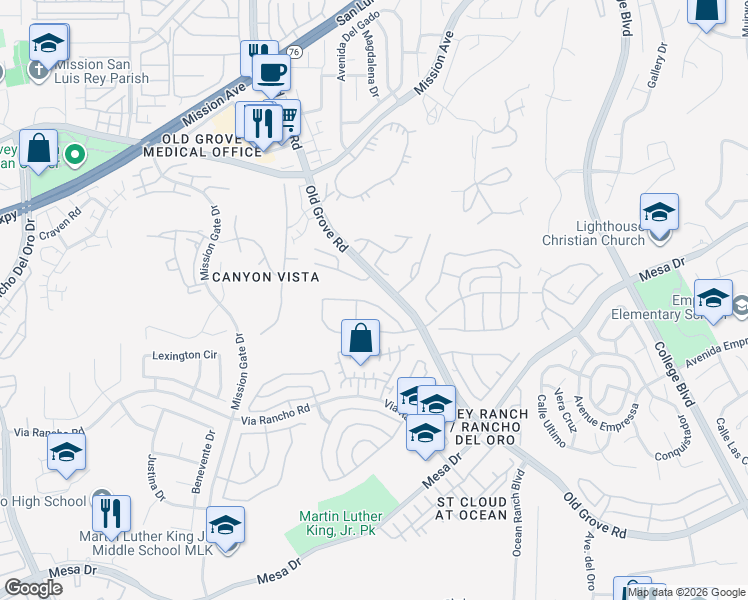 map of restaurants, bars, coffee shops, grocery stores, and more near 4326 Dowitcher Way in Oceanside