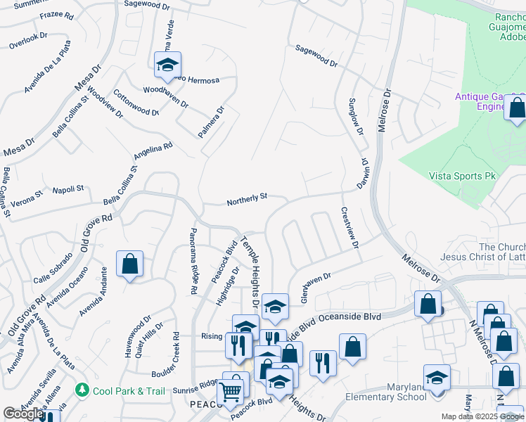 map of restaurants, bars, coffee shops, grocery stores, and more near 4865 Northerly Street in Oceanside