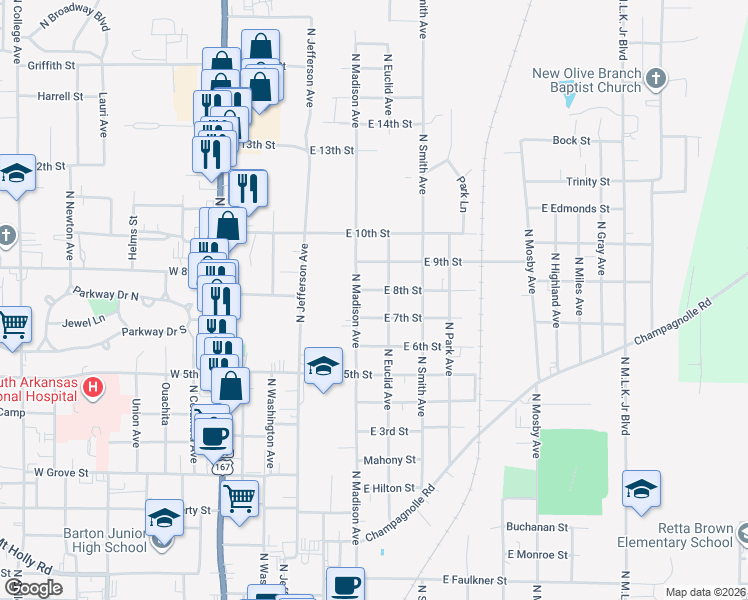 map of restaurants, bars, coffee shops, grocery stores, and more near 598 East 8th Street in El Dorado