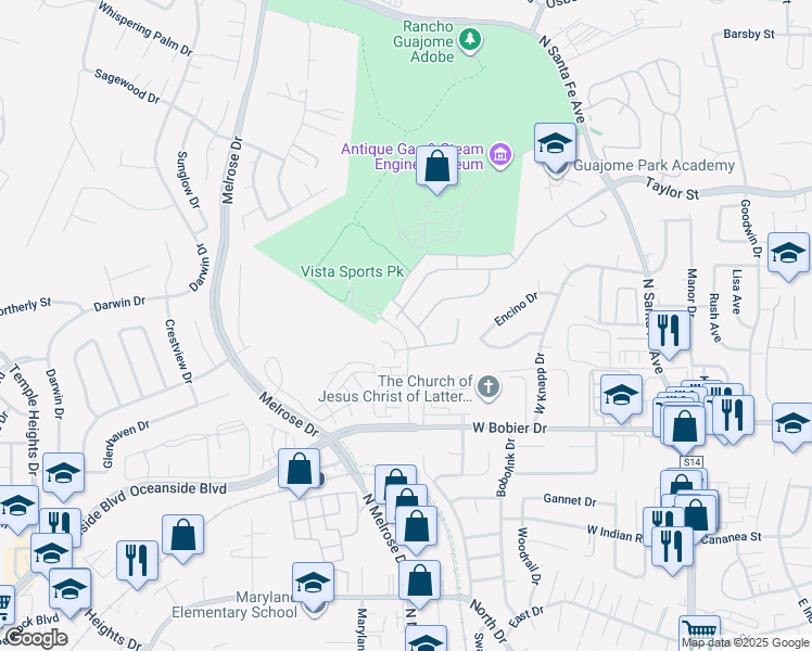map of restaurants, bars, coffee shops, grocery stores, and more near 1532 Avila Lane in Vista