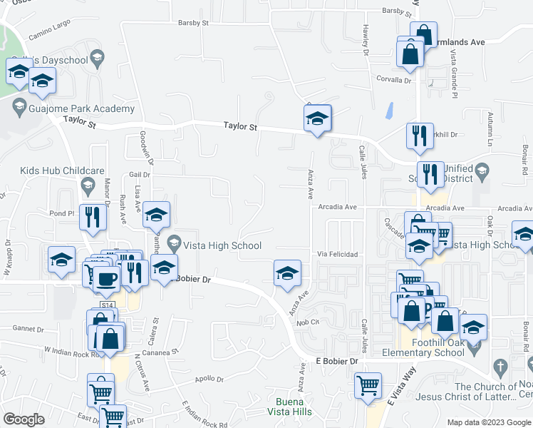 map of restaurants, bars, coffee shops, grocery stores, and more near 1650 San Luis Rey Avenue in Vista
