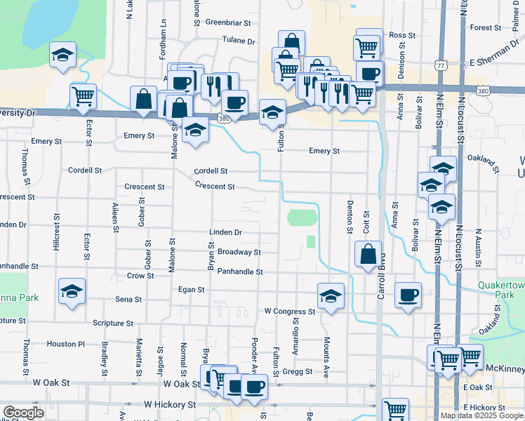 map of restaurants, bars, coffee shops, grocery stores, and more near 1007 Fulton Street in Denton