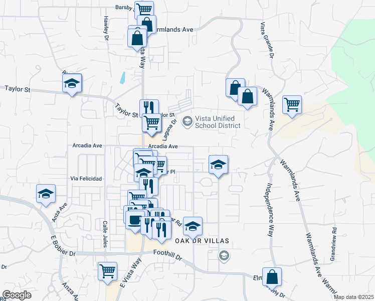 map of restaurants, bars, coffee shops, grocery stores, and more near 1249 Arcadia Avenue in Vista