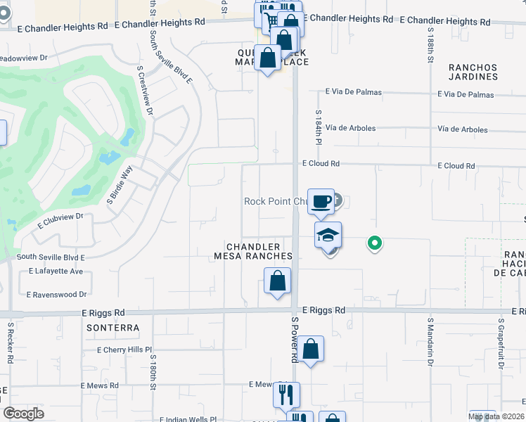 map of restaurants, bars, coffee shops, grocery stores, and more near 18304 East Sunnybrook Lane in Gilbert