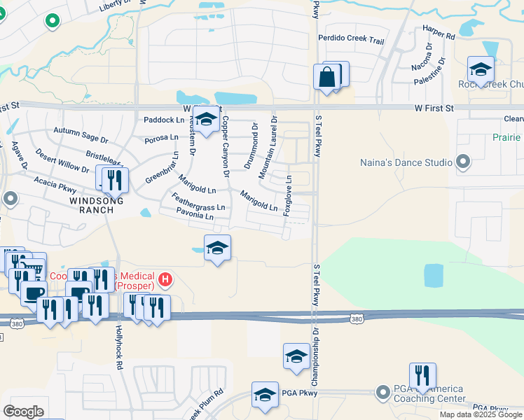 map of restaurants, bars, coffee shops, grocery stores, and more near 3920 Marigold Lane in Prosper