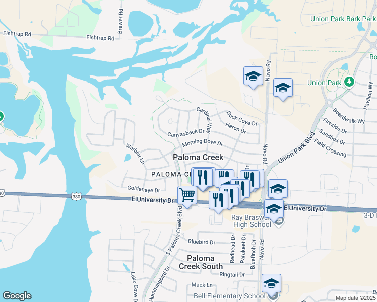 map of restaurants, bars, coffee shops, grocery stores, and more near 1405 Nightingale Drive in Aubrey