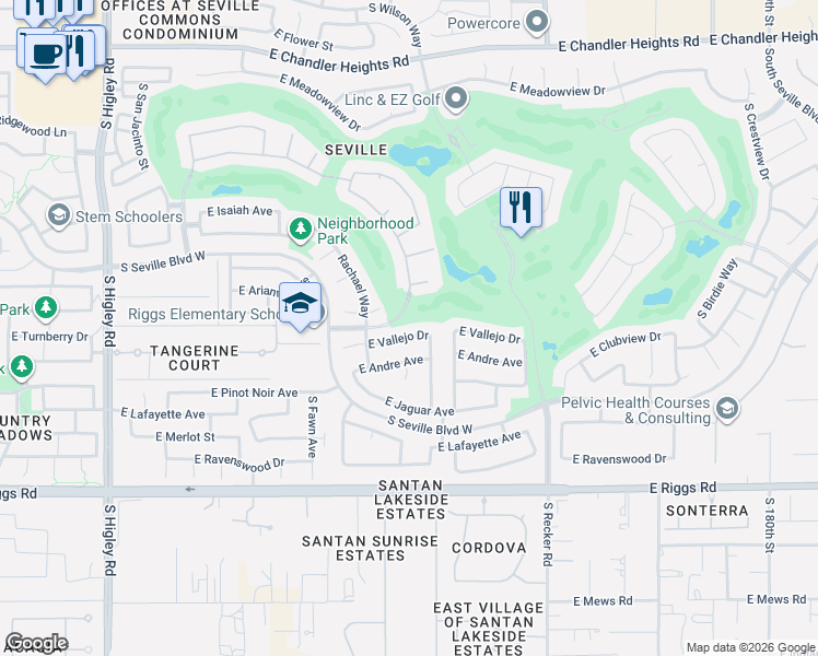 map of restaurants, bars, coffee shops, grocery stores, and more near 3782 East Vallejo Drive in Gilbert