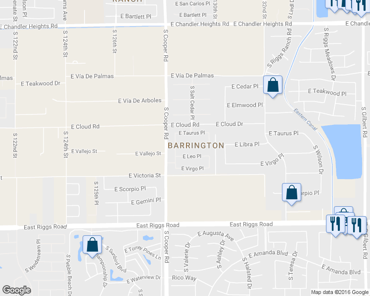 map of restaurants, bars, coffee shops, grocery stores, and more near 2046 East Libra Place in Chandler