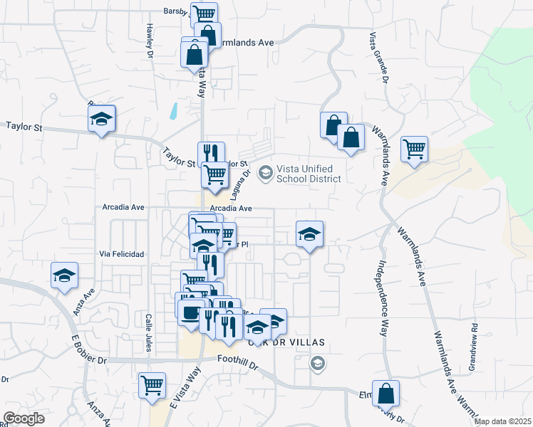 map of restaurants, bars, coffee shops, grocery stores, and more near in Vista