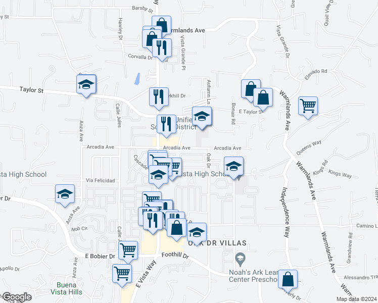 map of restaurants, bars, coffee shops, grocery stores, and more near 1219 Arcadia Avenue in Vista