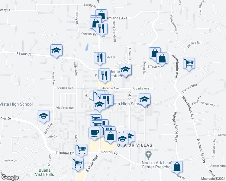 map of restaurants, bars, coffee shops, grocery stores, and more near 1219 Arcadia Avenue in Vista