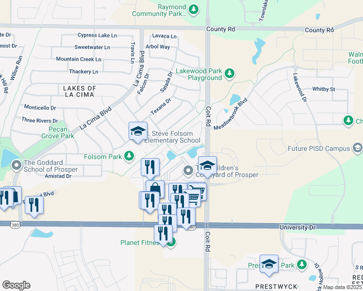 map of restaurants, bars, coffee shops, grocery stores, and more near 861 Twin Buttes Drive in Prosper