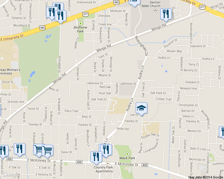 map of restaurants, bars, coffee shops, grocery stores, and more near 1214 Mulkey Lane in Denton