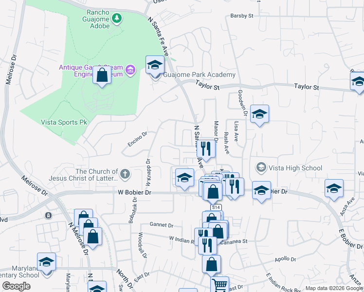 map of restaurants, bars, coffee shops, grocery stores, and more near Pond Place & Candice Place in Vista