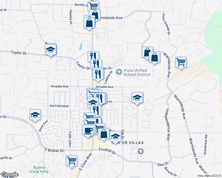 map of restaurants, bars, coffee shops, grocery stores, and more near 1219 Arcadia Avenue in Vista