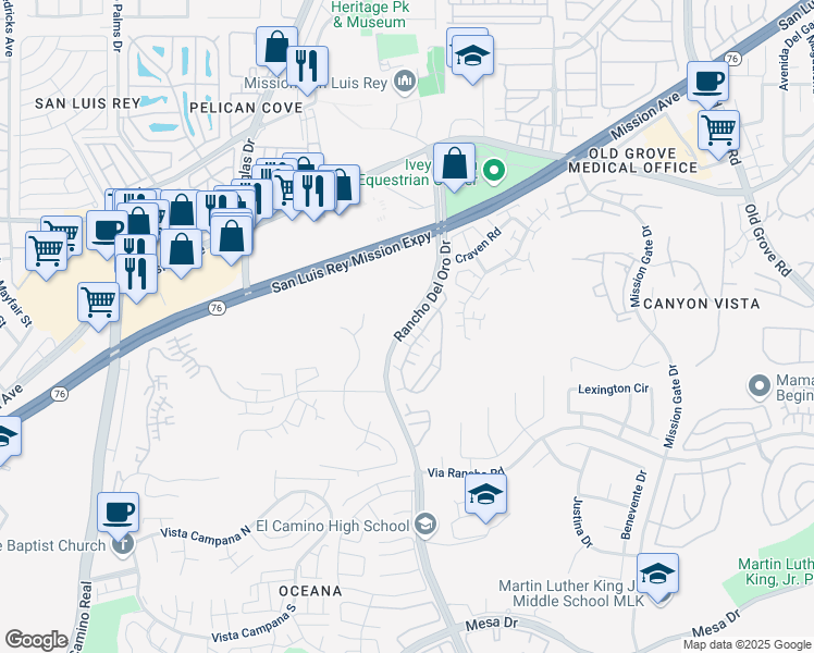map of restaurants, bars, coffee shops, grocery stores, and more near 234 Rancho Del Oro Drive in Oceanside