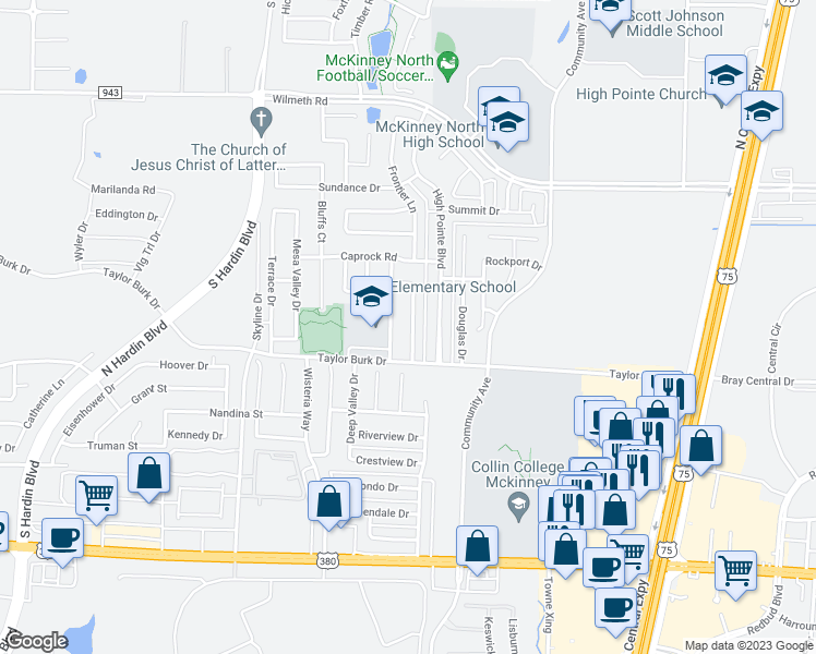 map of restaurants, bars, coffee shops, grocery stores, and more near 2515 Buckskin Drive in McKinney