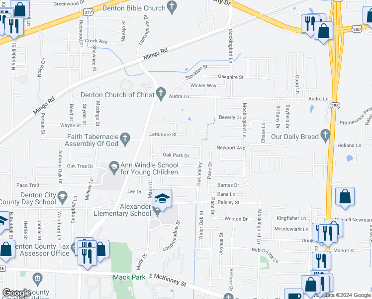 map of restaurants, bars, coffee shops, grocery stores, and more near 2508 Whispering Oaks in Denton
