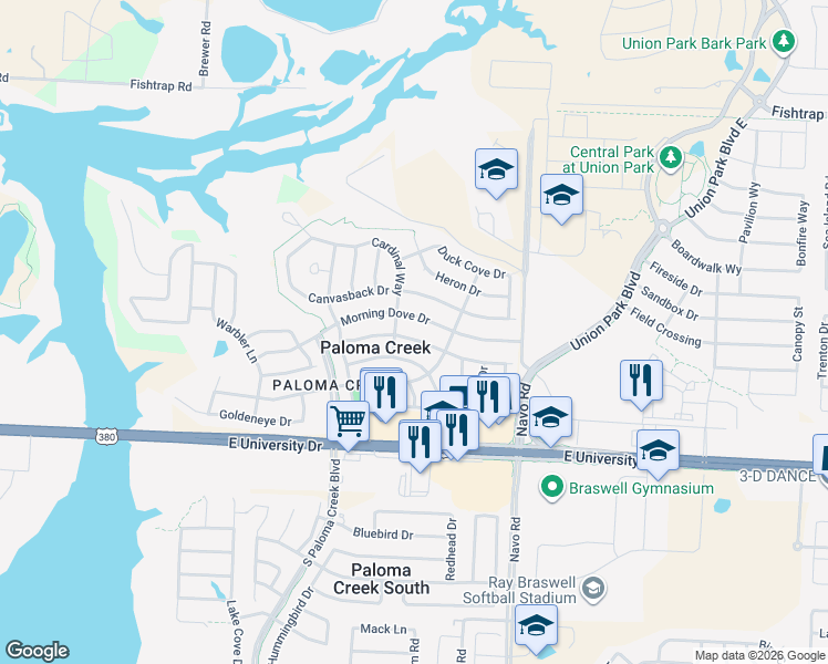 map of restaurants, bars, coffee shops, grocery stores, and more near 1613 Nightingale Drive in Aubrey