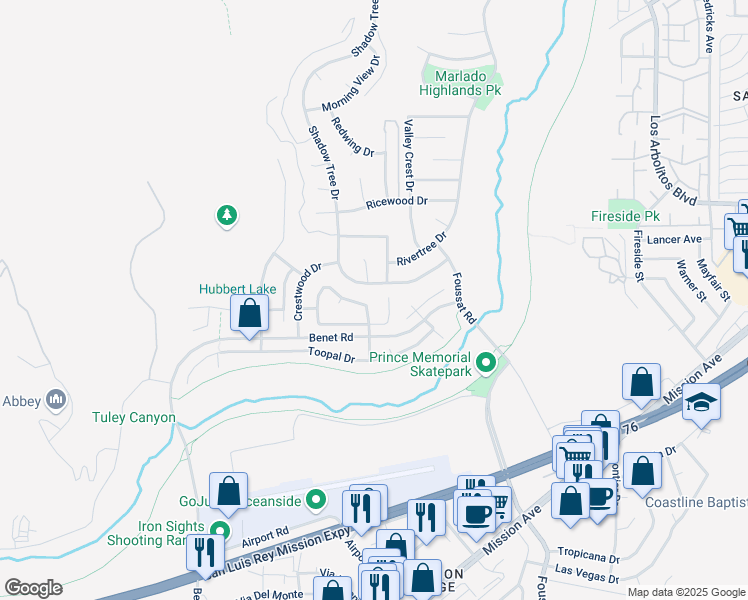 map of restaurants, bars, coffee shops, grocery stores, and more near 3248 Shadow Tree Drive in Oceanside