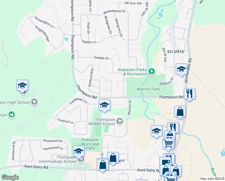 map of restaurants, bars, coffee shops, grocery stores, and more near 1438 Applegate Drive in Alabaster