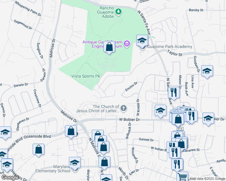 map of restaurants, bars, coffee shops, grocery stores, and more near 438 Cota Lane in Vista