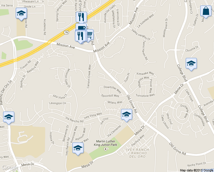 map of restaurants, bars, coffee shops, grocery stores, and more near 4286 Dowitcher Way in Oceanside