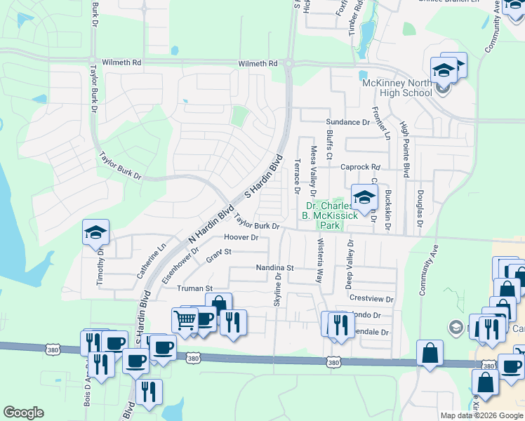 map of restaurants, bars, coffee shops, grocery stores, and more near Hardin Boulevard in McKinney