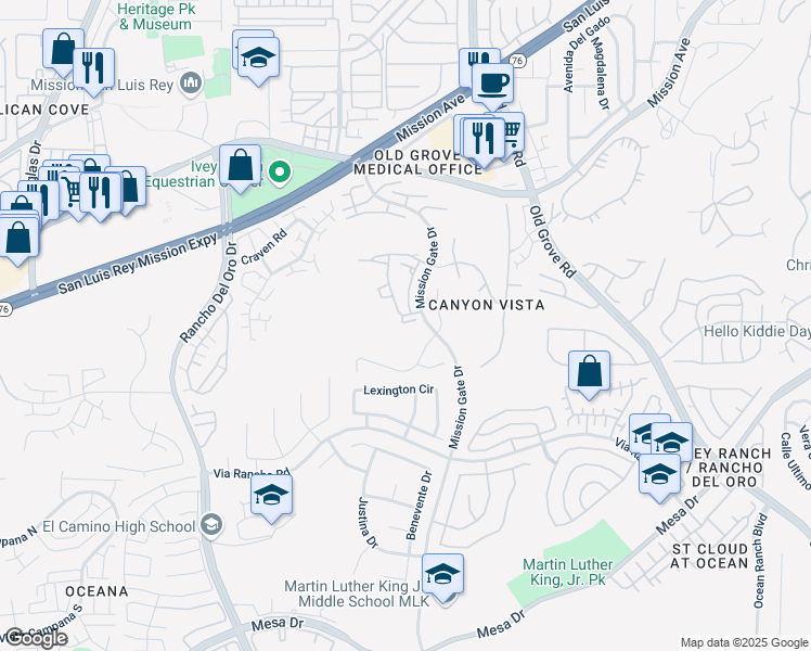 map of restaurants, bars, coffee shops, grocery stores, and more near 4243 Arroyo Vista Way in Oceanside
