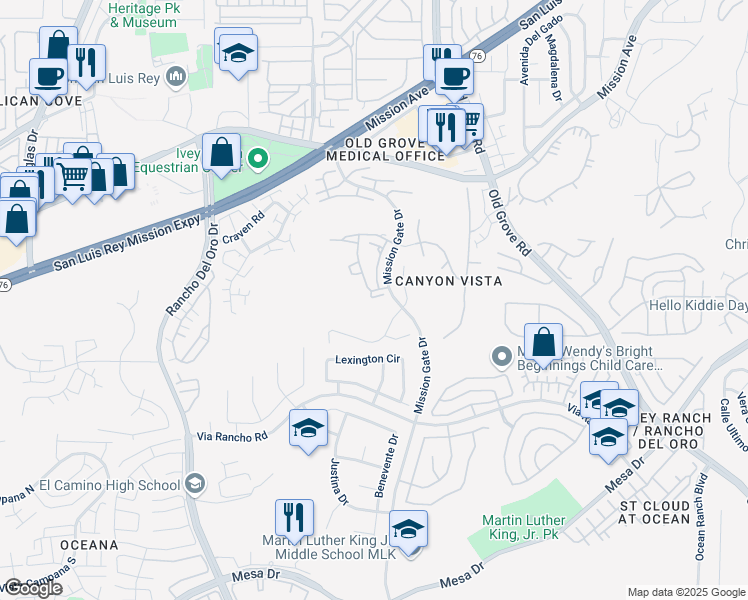 map of restaurants, bars, coffee shops, grocery stores, and more near 4243 Arroyo Vista Way in Oceanside