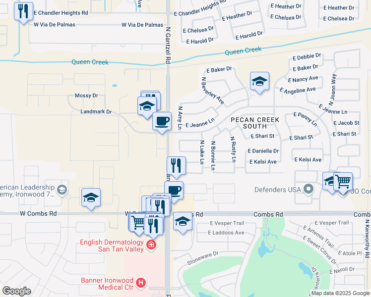 map of restaurants, bars, coffee shops, grocery stores, and more near 386 East Daniella Drive in Queen Creek
