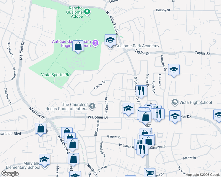 map of restaurants, bars, coffee shops, grocery stores, and more near 1659 West Knapp Drive in Vista