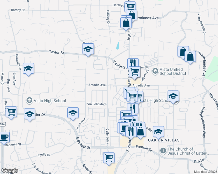 map of restaurants, bars, coffee shops, grocery stores, and more near 1704 Calle Jules in Vista