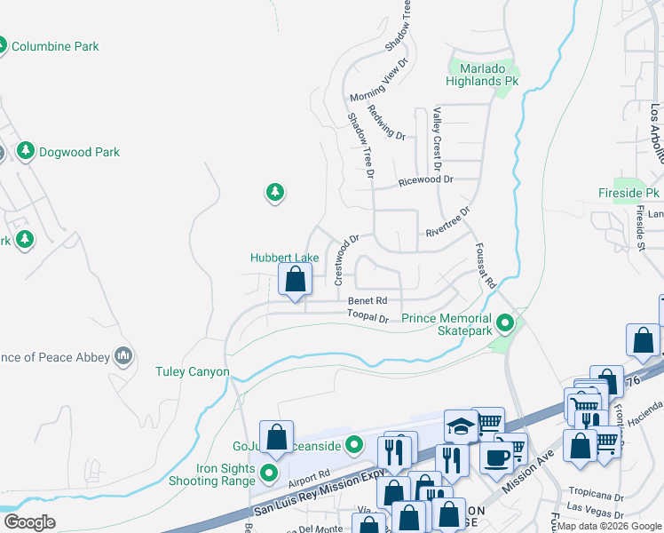 map of restaurants, bars, coffee shops, grocery stores, and more near 634-648 Wala Drive in Oceanside