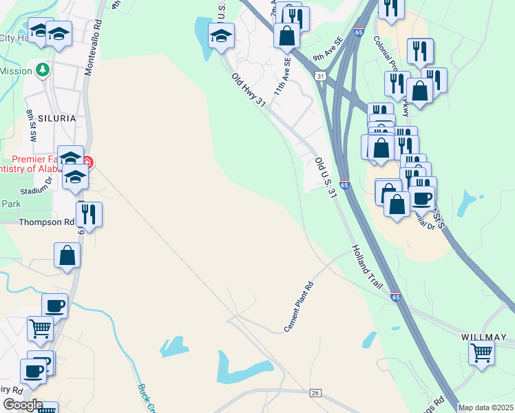 map of restaurants, bars, coffee shops, grocery stores, and more near 2 Mount Olive Road in Alabaster