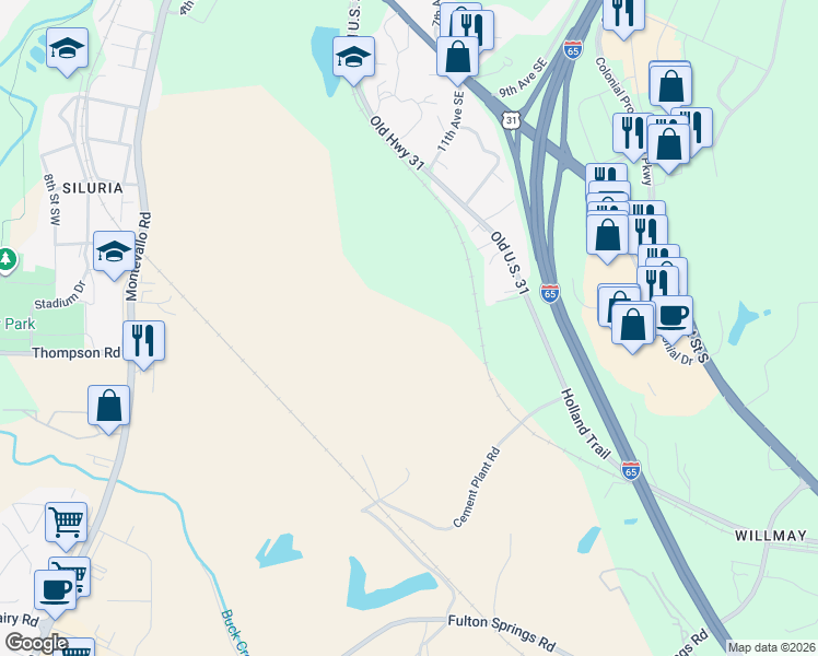map of restaurants, bars, coffee shops, grocery stores, and more near 2 Mount Olive Road in Alabaster