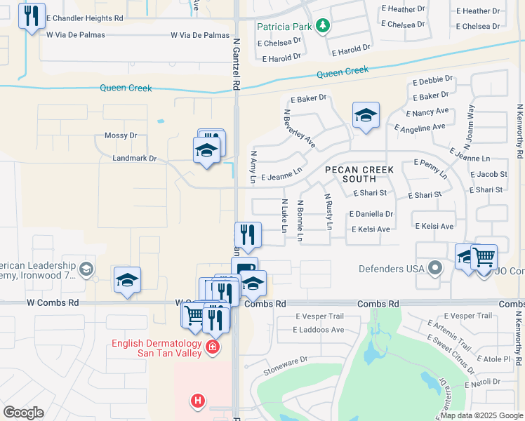 map of restaurants, bars, coffee shops, grocery stores, and more near 398 East Daniella Drive in San Tan Valley