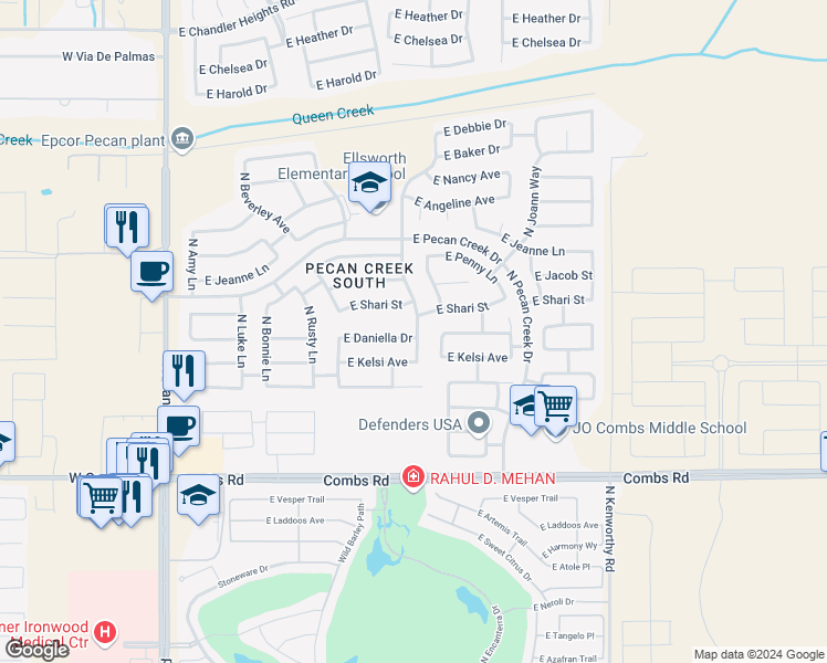 map of restaurants, bars, coffee shops, grocery stores, and more near 1126 East Daniella Drive in San Tan Valley