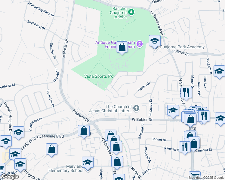 map of restaurants, bars, coffee shops, grocery stores, and more near 1538 Avila Lane in Vista
