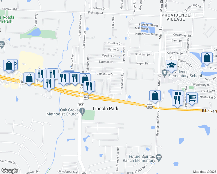 map of restaurants, bars, coffee shops, grocery stores, and more near 4305 Carnelian Road in Krugerville