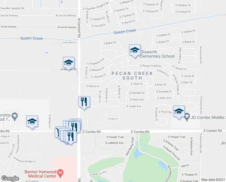 map of restaurants, bars, coffee shops, grocery stores, and more near 692 East Daniella Drive in San Tan Valley