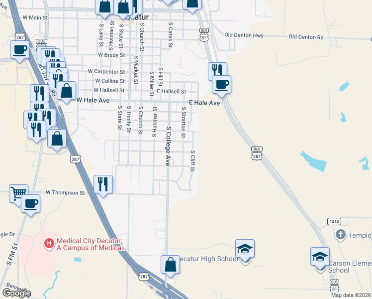 map of restaurants, bars, coffee shops, grocery stores, and more near 1405 South Stratton Street in Decatur