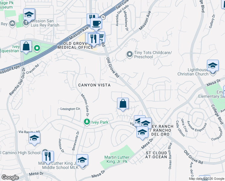 map of restaurants, bars, coffee shops, grocery stores, and more near 4250 Dowitcher Way in Oceanside
