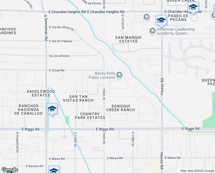 map of restaurants, bars, coffee shops, grocery stores, and more near 24590 South 196th Place in Queen Creek